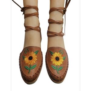 Brown and Yellow Espadrilles with Sunflower Embroidery